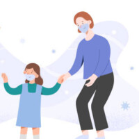 Mother taking child to kindergarten after coronavirus pandemic, waving goodbye, girl and nanny in face masks, children go back to school after covid quarantine concept, vector flat cartoon characters